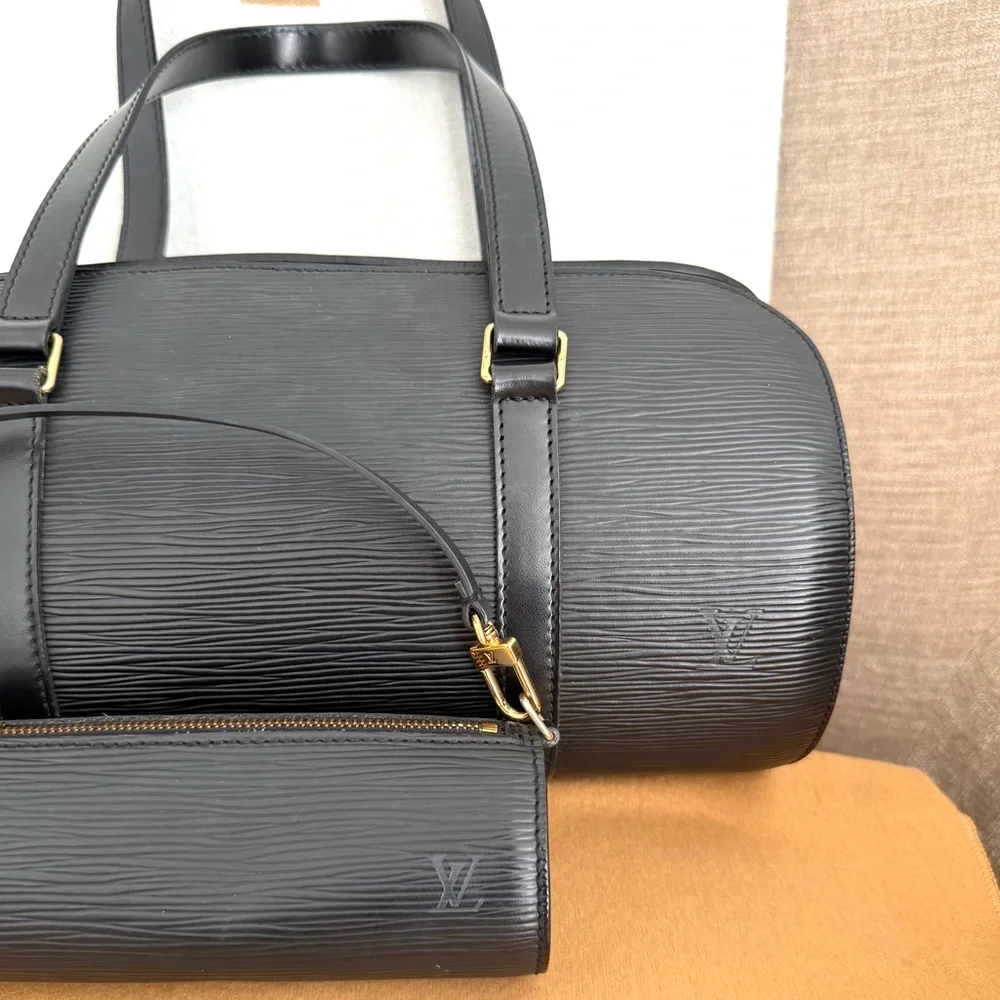 Authentic Louis Vuitton Soufflot bag Black Epi Leather with mini pouch M52862